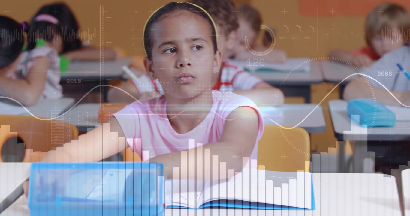 Camera shifting showing boy writing on red laptop and girl writing notes blue pencil in education