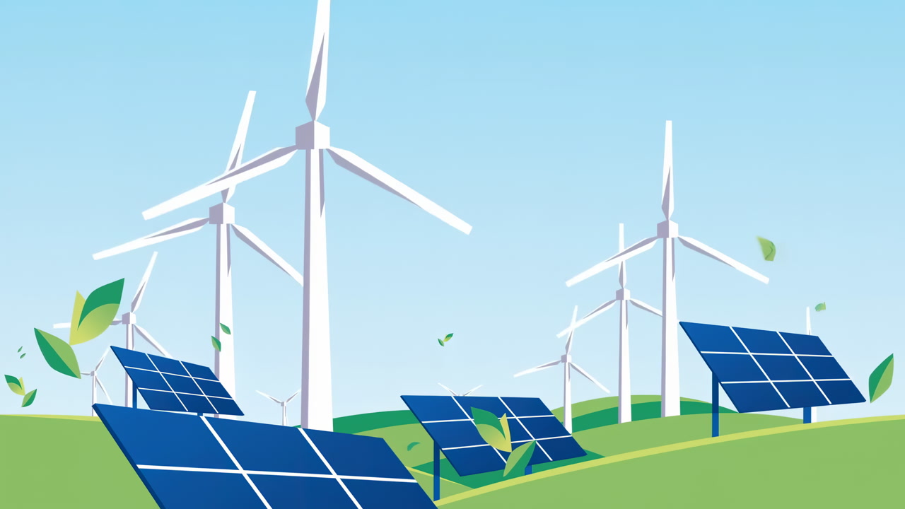 Solar Panels And Wind Turbines Landscape Showing Blue Photovoltaic Panels And White Turbines On Rolling Green