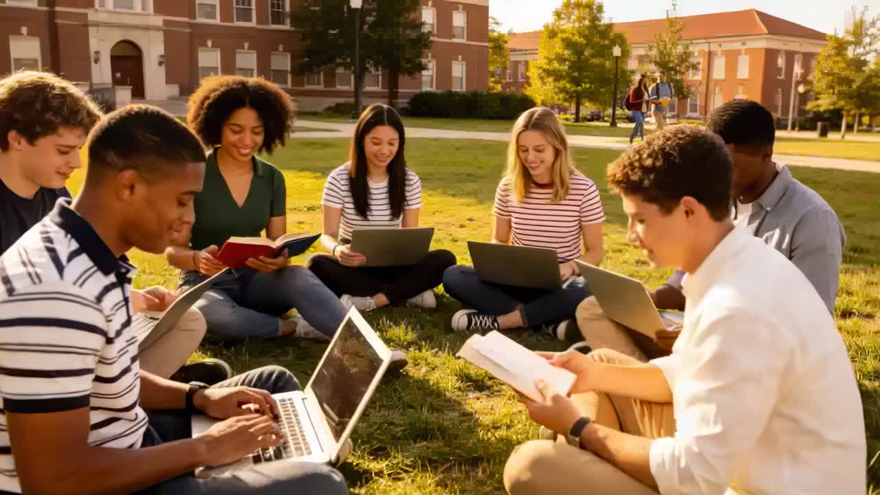 Reading student starting aloud on campus lawn, peers taking notes on laptops and books for study