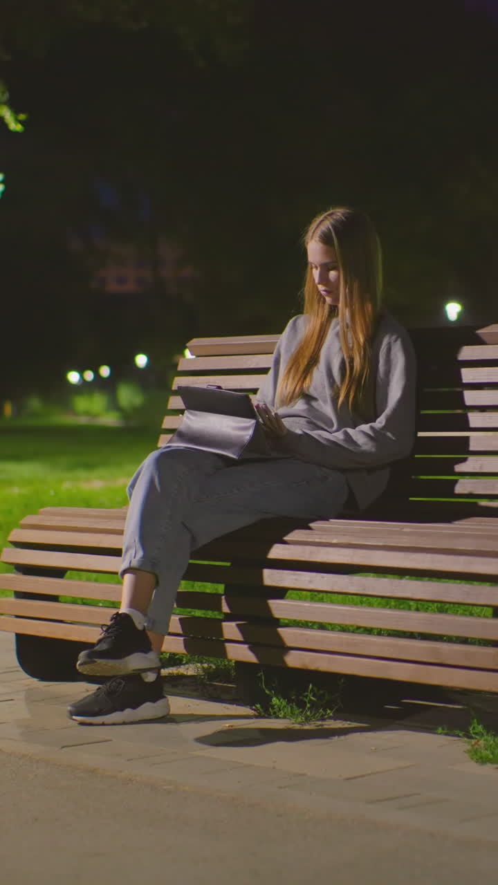joven sentada en un banco del parque por la noche, profundamente comprometida con la tableta bajo la iluminación suave del parque, la escena circundante muestra a la gente paseando en el fondo