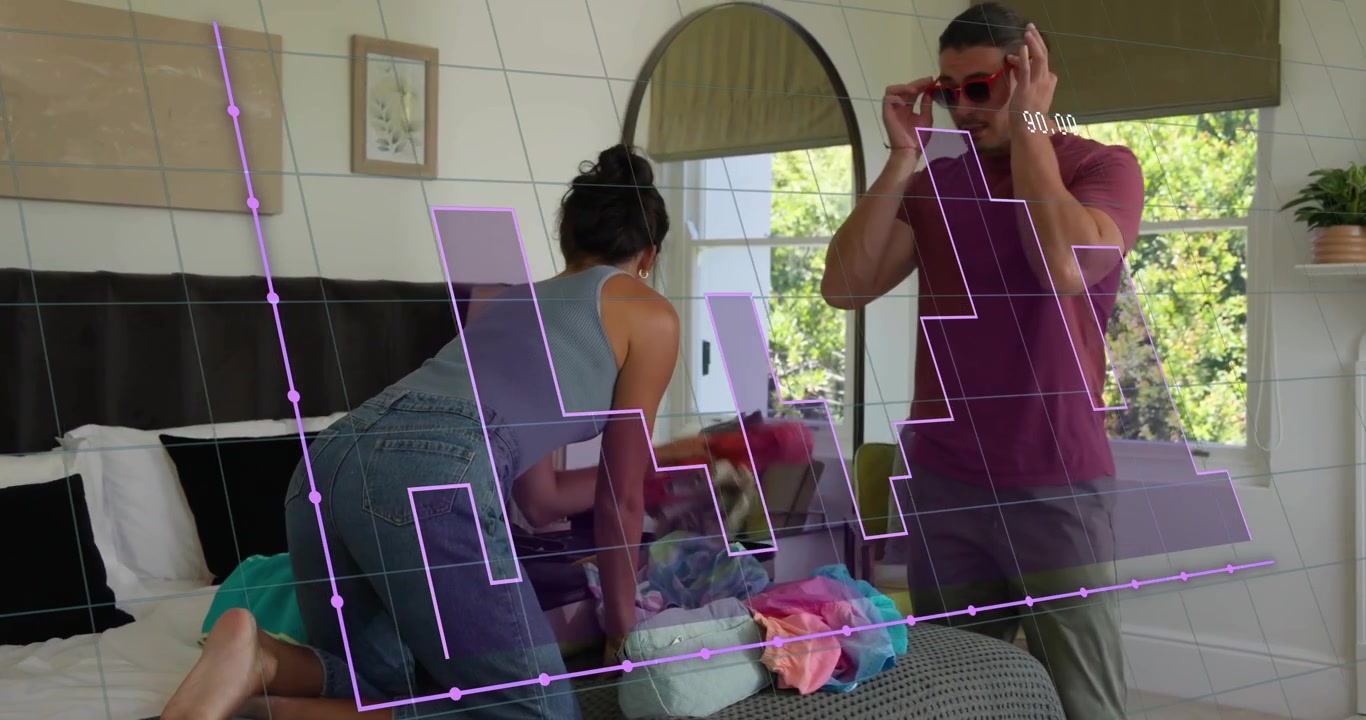 woman opening suitcase and pulling garments while man donning sunglasses for travel packing