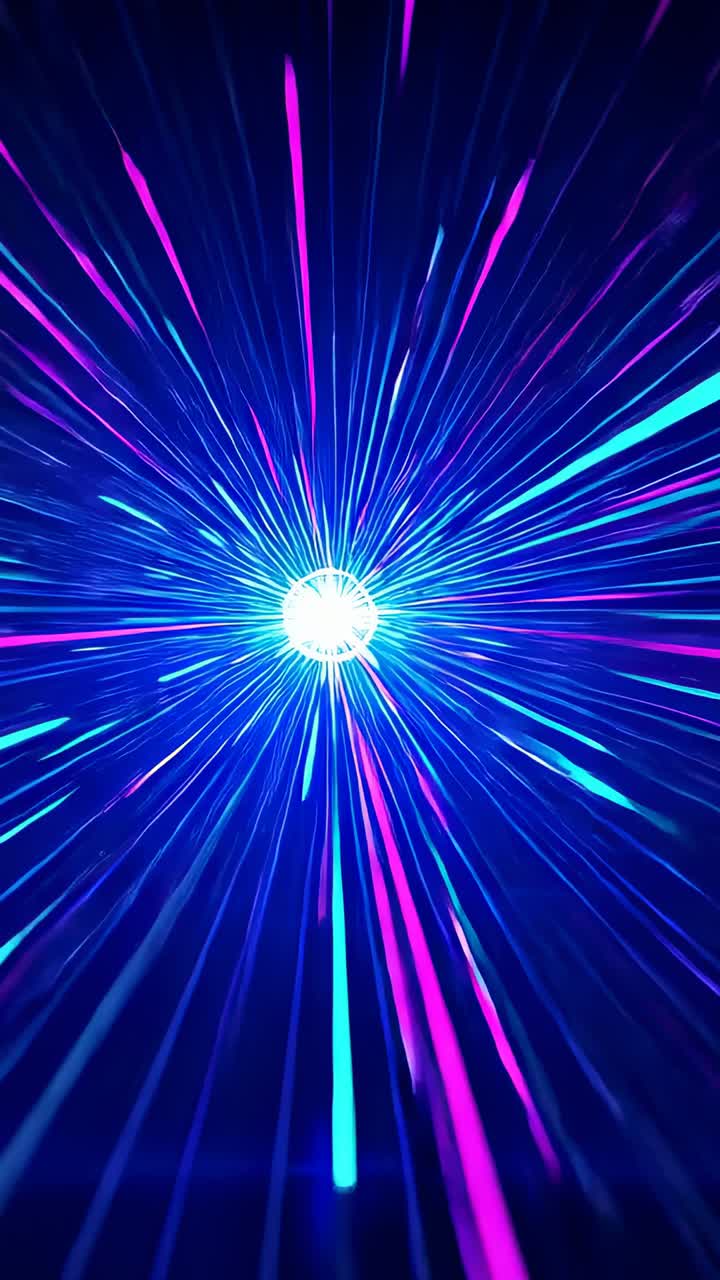 Vertical video: Projector activating, bright orb sending cyan magenta beams in dark room for show