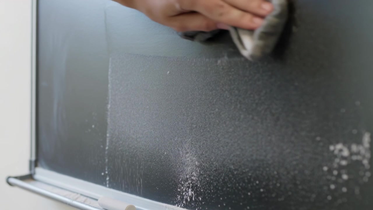 Wiping right hand entering left in short sleeves, clearing school chalkboard using cloth