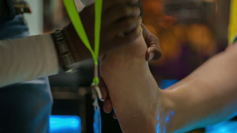 man peeling female feet