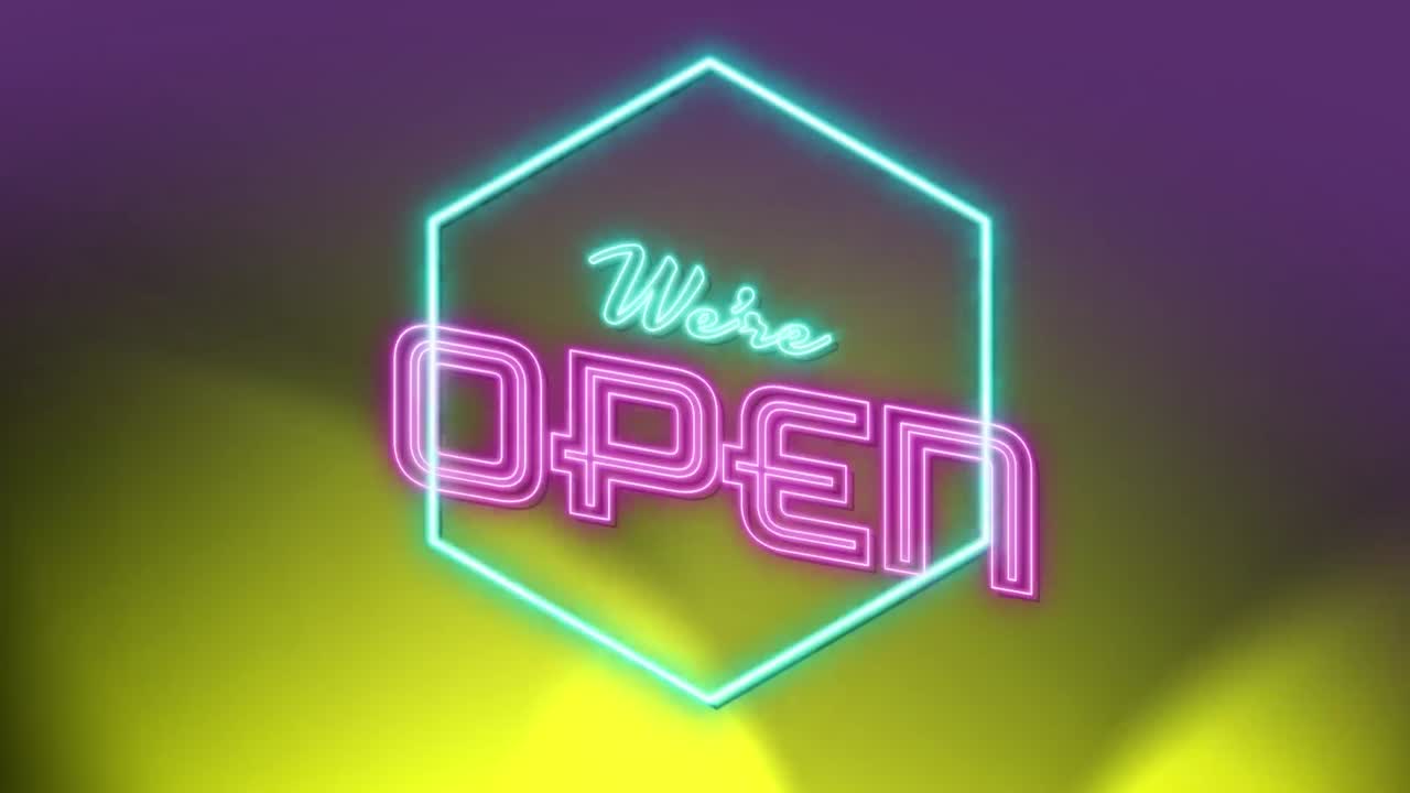 Animation of we are open text over neon shapes