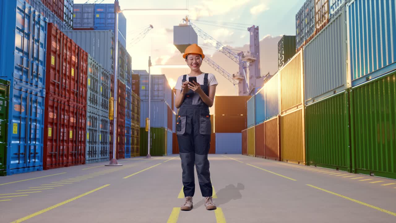 cuerpo lleno de mujer asiática trabajadora con gafas de protección y casco de seguridad sonriendo y señalando al teléfono inteligente en su mano mientras estaba de pie en el almacén del patio de contenedores