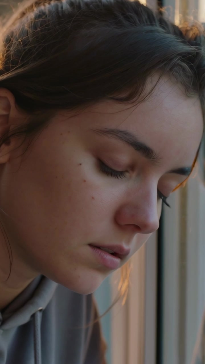 Video verticale: Luce calda che invita una donna a chiudere gli occhi, inclinando la testa alla finestra, con felpa e trecce.