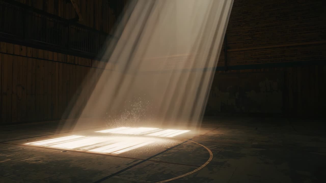 Luz oblíqua entrando pela claraboia, alargando-se e dispersando poeira sobre o arco desgastado da quadra.