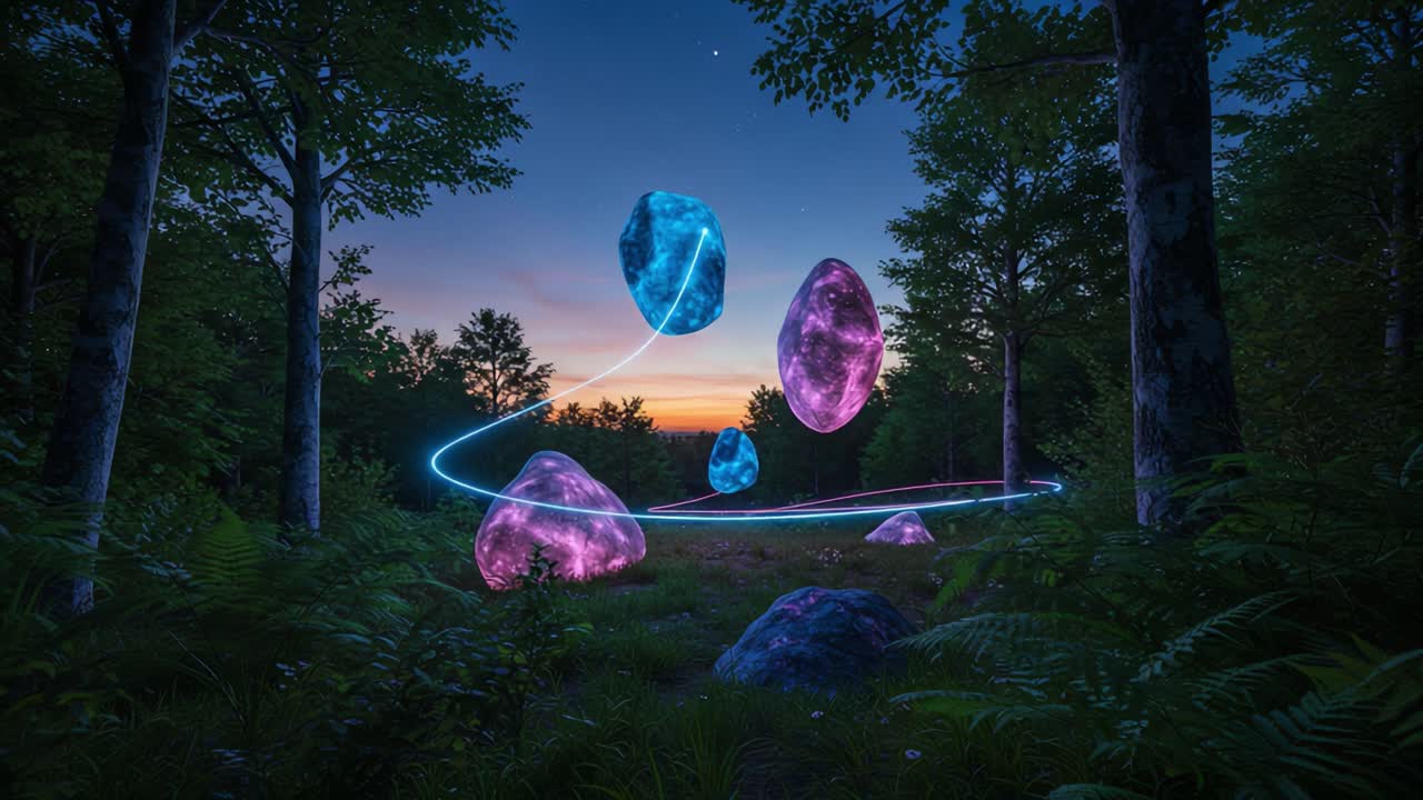 A Surreal Forest Scene at Dusk Featuring Floating Cosmic Rocks with Luminescent Trails, Creating an Enchanting Atmosphere as Day Transitions to Night