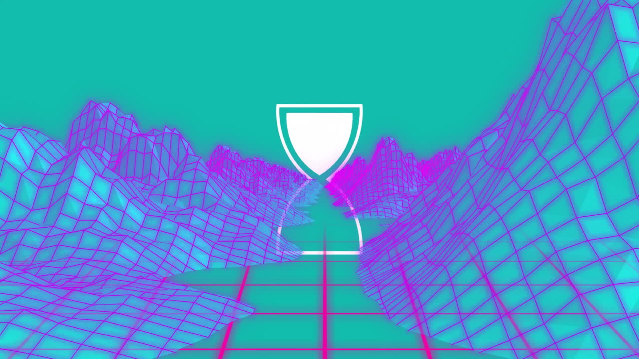White neon hourglass icon glowing and glitching in retro grid with wireframe mountains