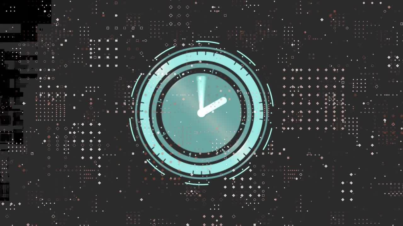 Neon digital clock ticking against dots pattern design on black background