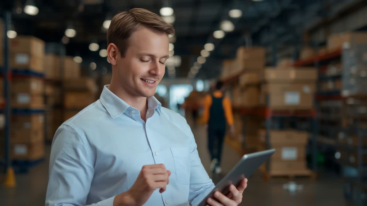Inventario in fase di revisione: un responsabile tocca il tablet in un magazzino, vestito con camicia e pantaloni tra gli scaffali
