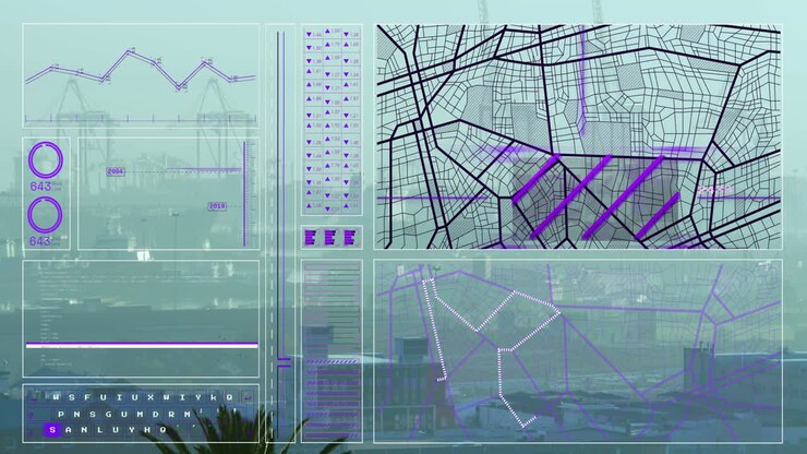 Animation of interface with data processing against aerial view of cityscape
