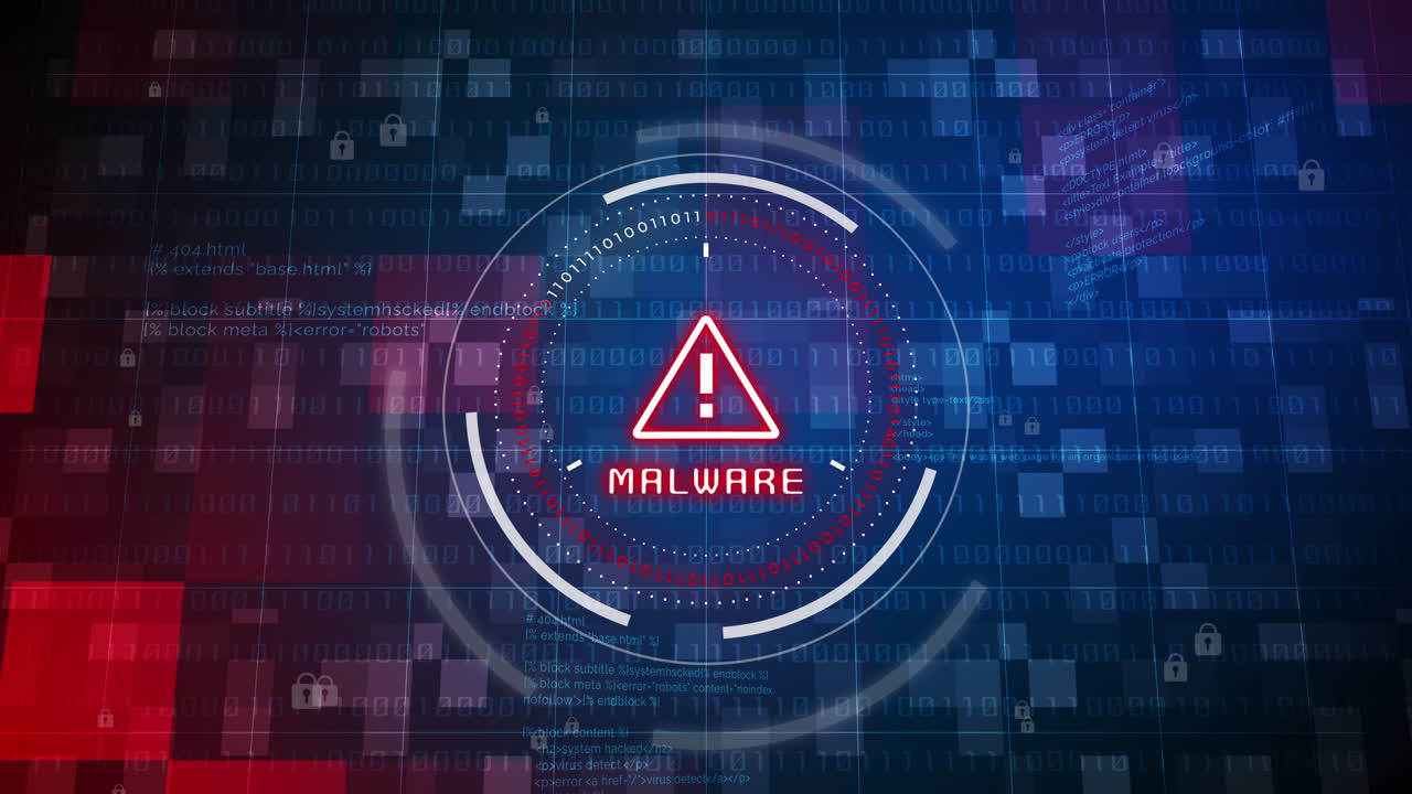 Red MALWARE warning with exclamation mark in circle with numbers. Blue background with text code and lock symbols. Digital cyber security of computer software. Looped animation.