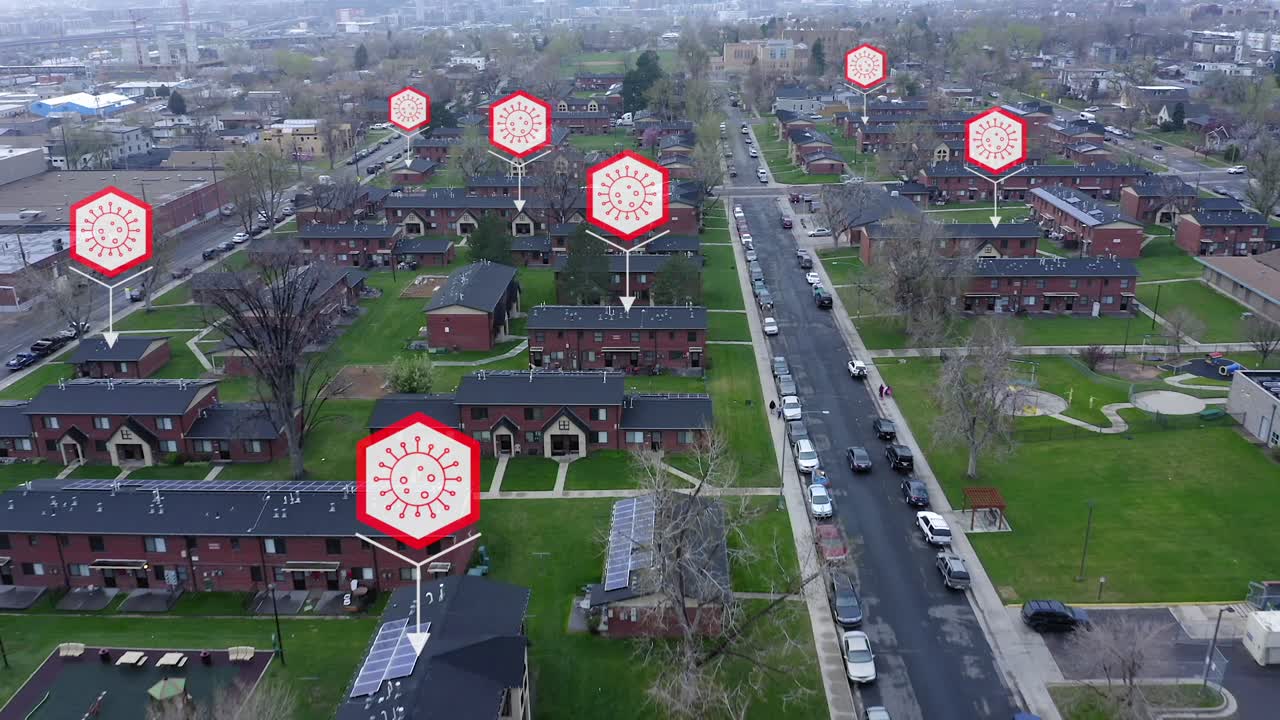 프로젝트의 조감도는 가상의 covid 검역의 모션 그래픽을 표시합니다.