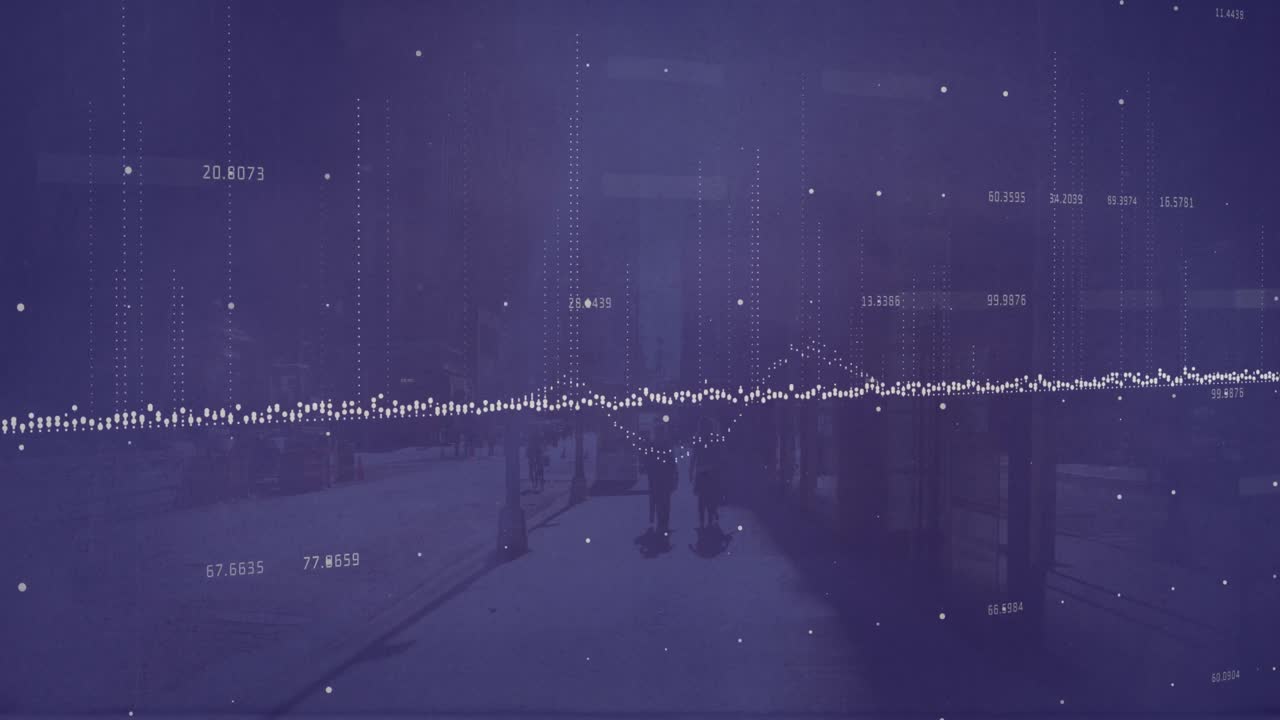 animación de puntos, cambios de números y gráficos sobre personas que caminan por la calle.