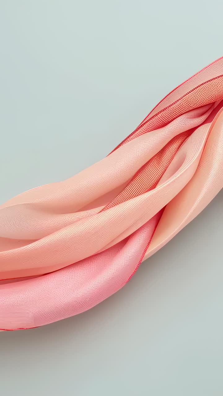 Vertical video: Shifting layered ribbons entering right, settling on pale gray surface for display