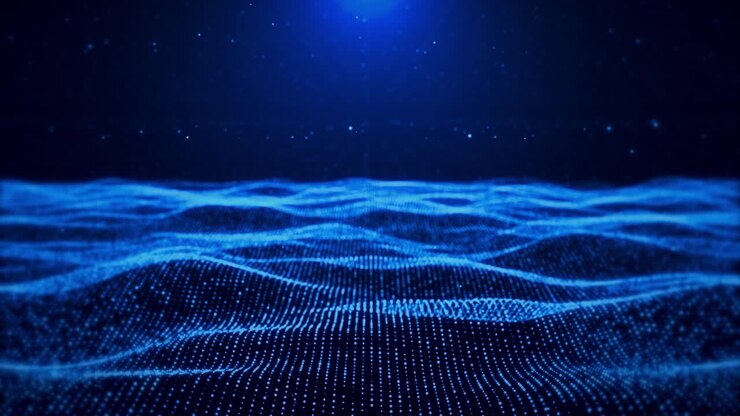 Big data, flusso cibernetico futuristico, sfondo blu, sfondo tecnologia cyber, onda 3D artificiale