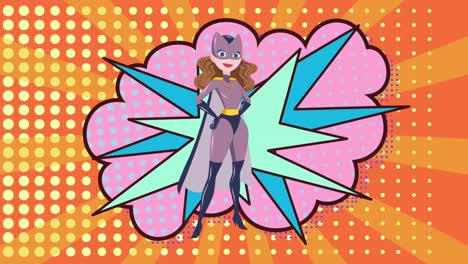 Animation-of-illustration-of-happy-woman-in-superhero-costume-over-explosion,-on-orange-background