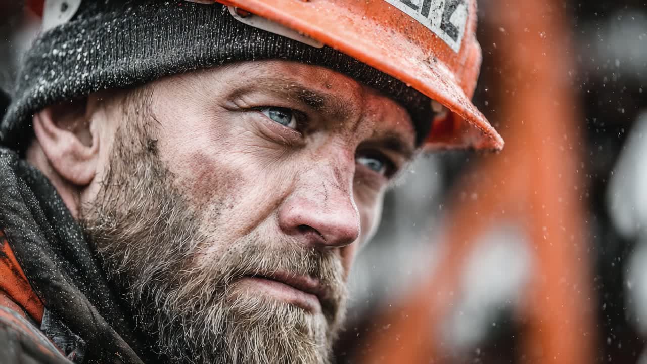 Intense Close-Up of a Weathered Worker Enthusiastically Engaging with the Elements, Capturing Raw Emotion and Resilience in a Dynamic Environment