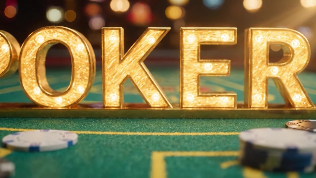 Insegna da poker illuminata al tavolo del casinò, circondata da fiches colorate, cattura l'eccitazione e il brivido del gioco d'azzardo in un'atmosfera vivace.