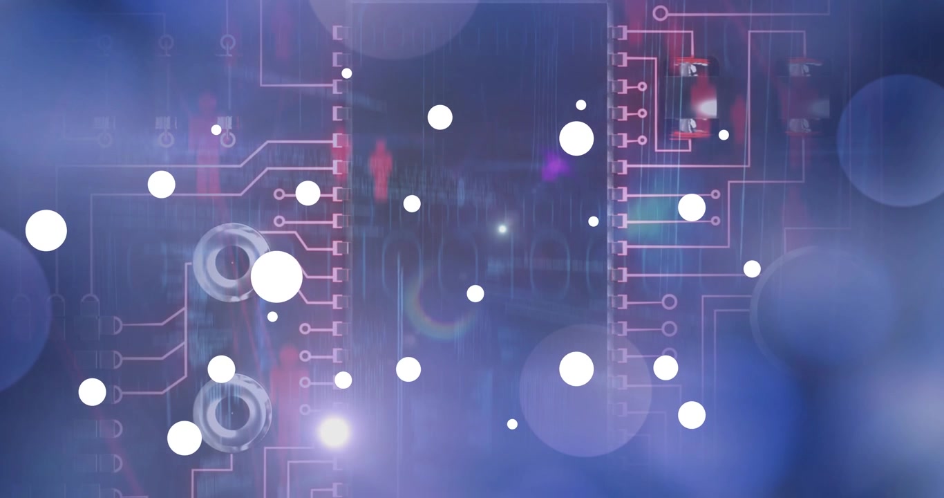 Sfondo astratto di circuito digitale con particelle di luce fluttuanti.