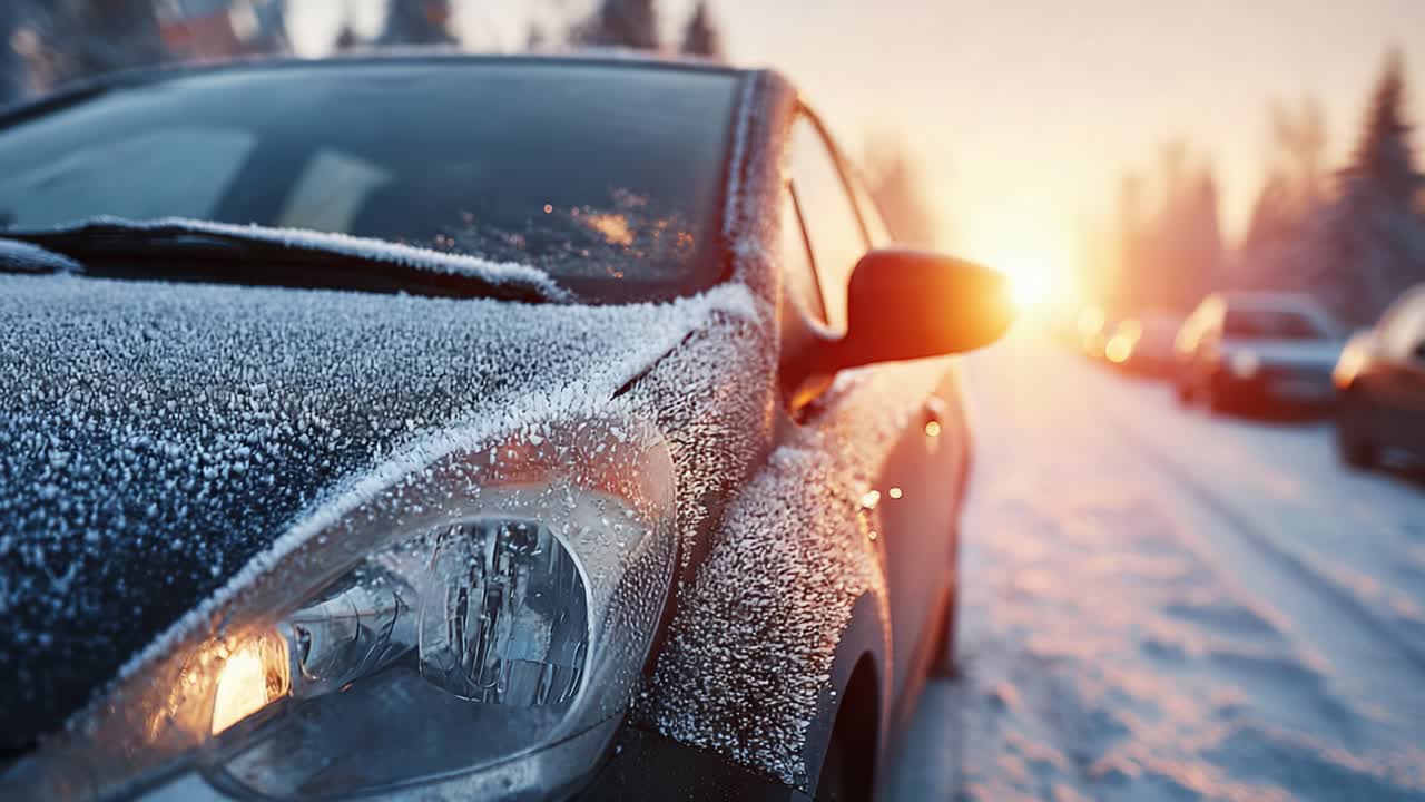 A Frosted Vehicle Captured at Sunrise in a Snowy Landscape, Highlighting the Details of Ice on the Windshield and the Gentle Glow of Morning Light in the Background