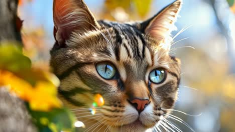 a cat with blue eyes peeking out from behind a tree