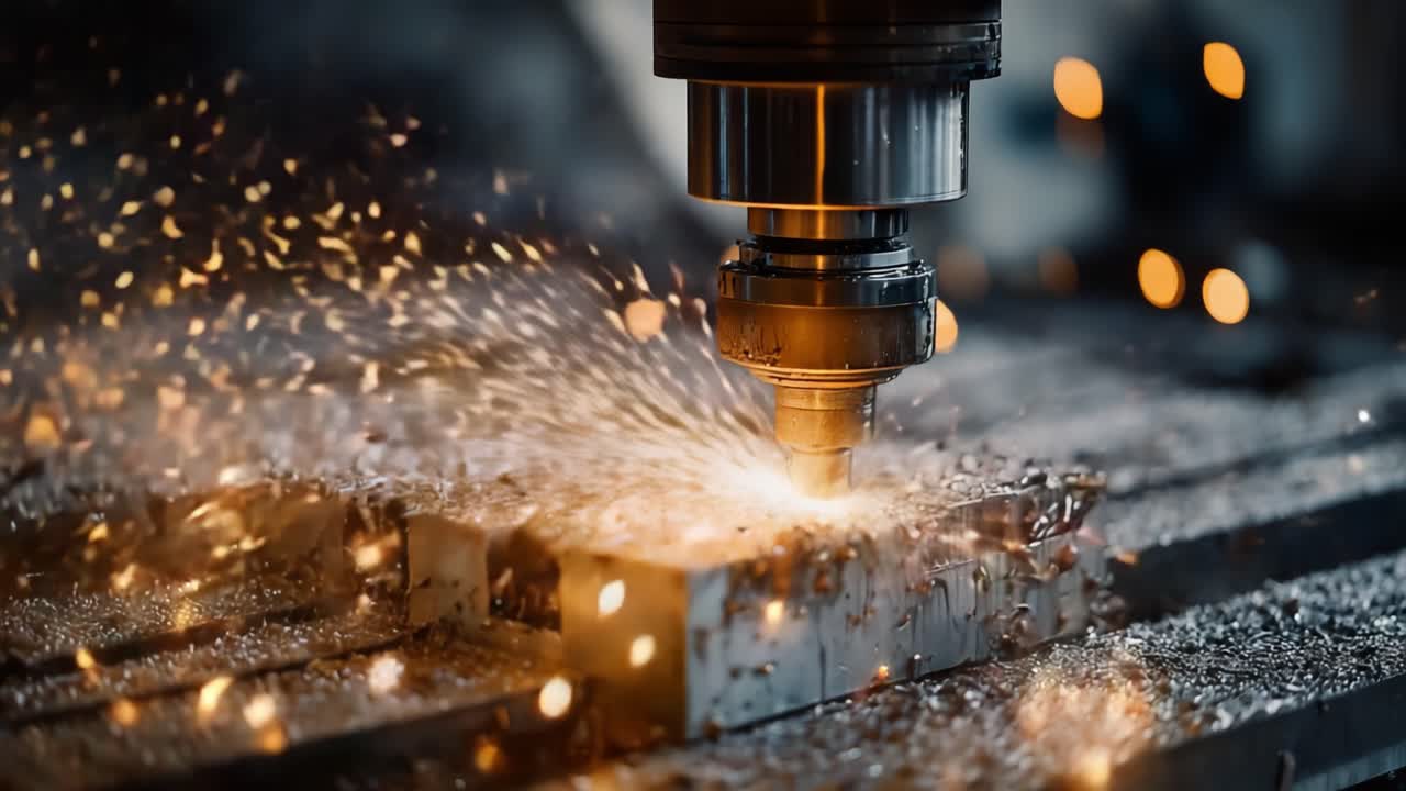 Processo di lavorazione dei metalli intricato catturato in dettagli mozzafiato: il viaggio della lavorazione di precisione con scintille e trucioli mentre una macchina CNC lavora il metallo.