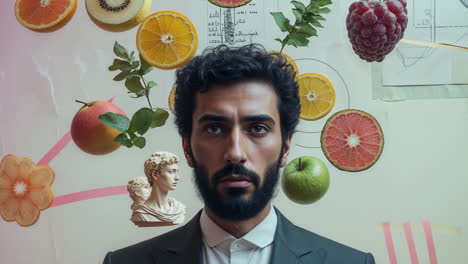 surreal portrait with man, fruits, and classical sculptures