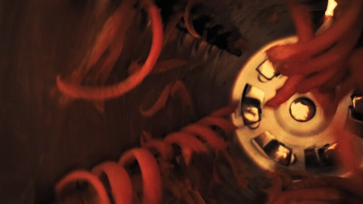 Close-Up of Strips of Carrots Being Shredded Inside a Rotating Mandolin Food Processor