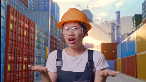 aus der nähe von einer wundernden asiatischen arbeiterin, die eine schutzbrille und einen sicherheitshelm trägt, die sagt, warum und zweifelhaft auf dem lagerplatz des containerhafens steht