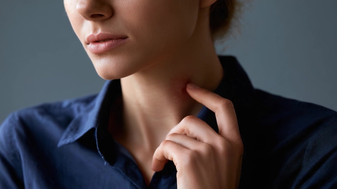 Un contrasto in primo piano di due inquadrature che evidenziano le espressioni e un segno intrigante sul collo di una giovane donna con una camicia blu scuro e illuminazione soffusa.