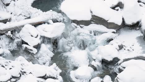 small stream of water flowing through snow covered rocks