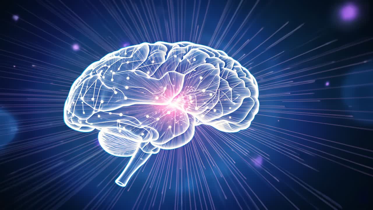 Emanating pink glow from core driving wireframe brain rotating in blue void radiating light streaks