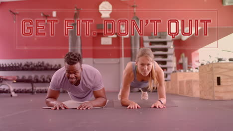 animation of get fit don''t quit text over diverse man and woman exercising in gym