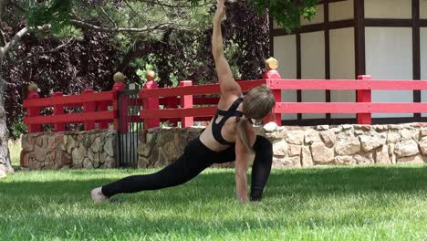 in a public park a young muscular woman works her fitness yoga for a core and balance challenge. focus and agility build a toned and strong core