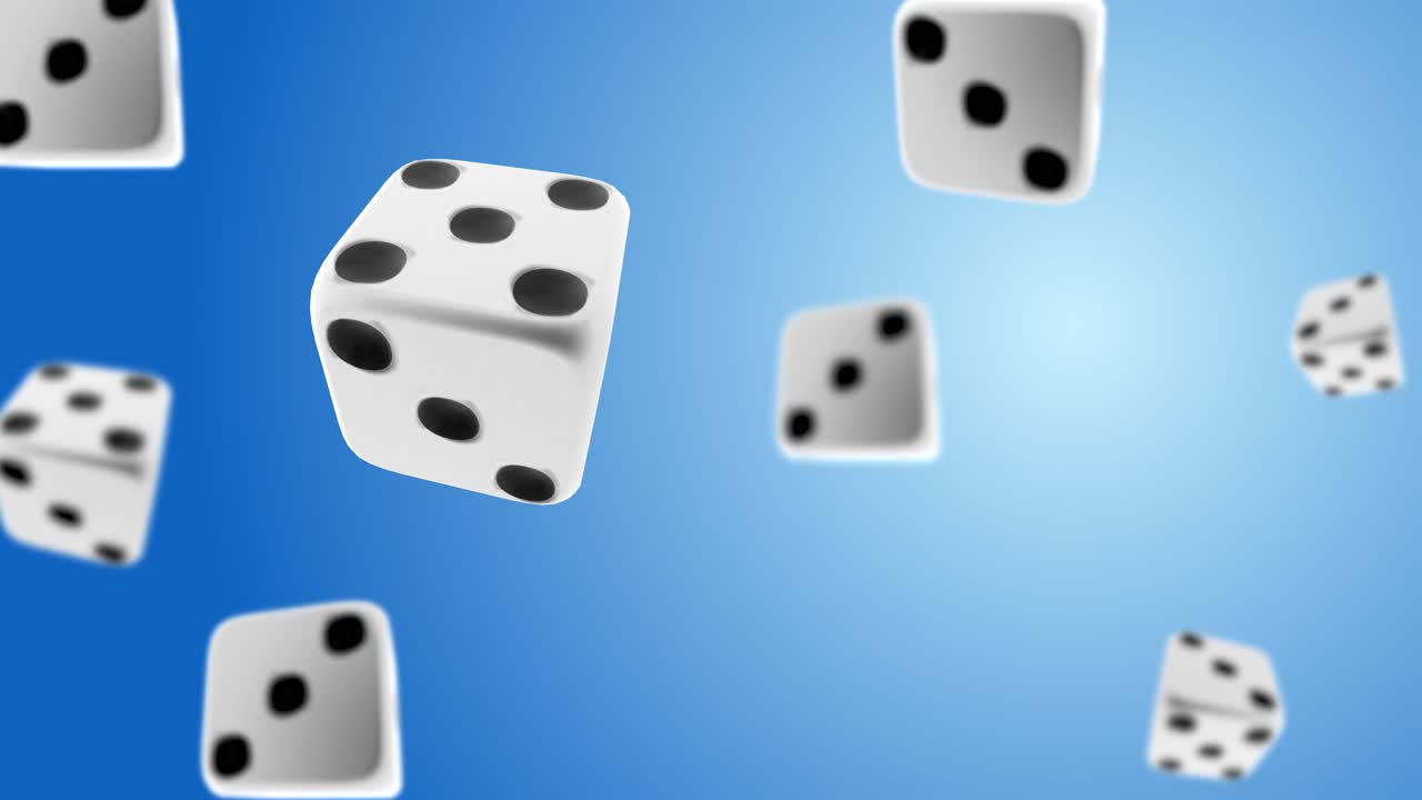 White casino chips are streaming on blue background falling dice seamless loop 3d alpha green screen