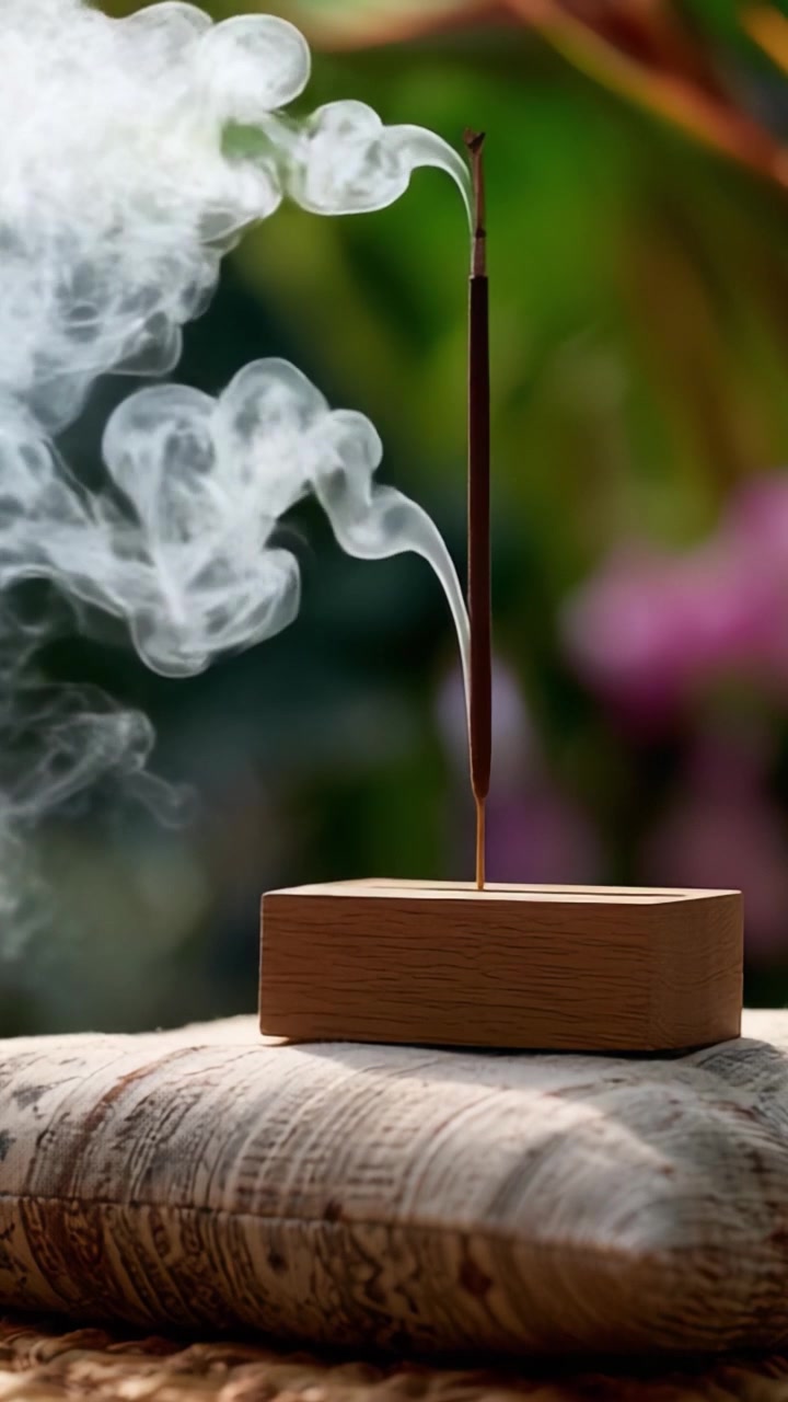 Elegante Varita de Incienso Rodeada de Suave Humo, Descansando sobre una Superficie Texturizada con Colores Vivos de Fondo, Creando una Atmósfera Calmante