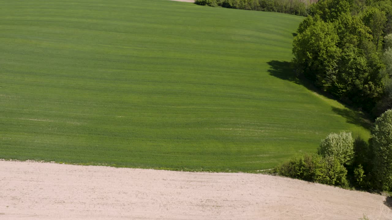 esta grabación de cámara curva va dramáticamente recta filmando árboles verdes y al final una hermosa tierra plana y un pequeño pueblo antiguo