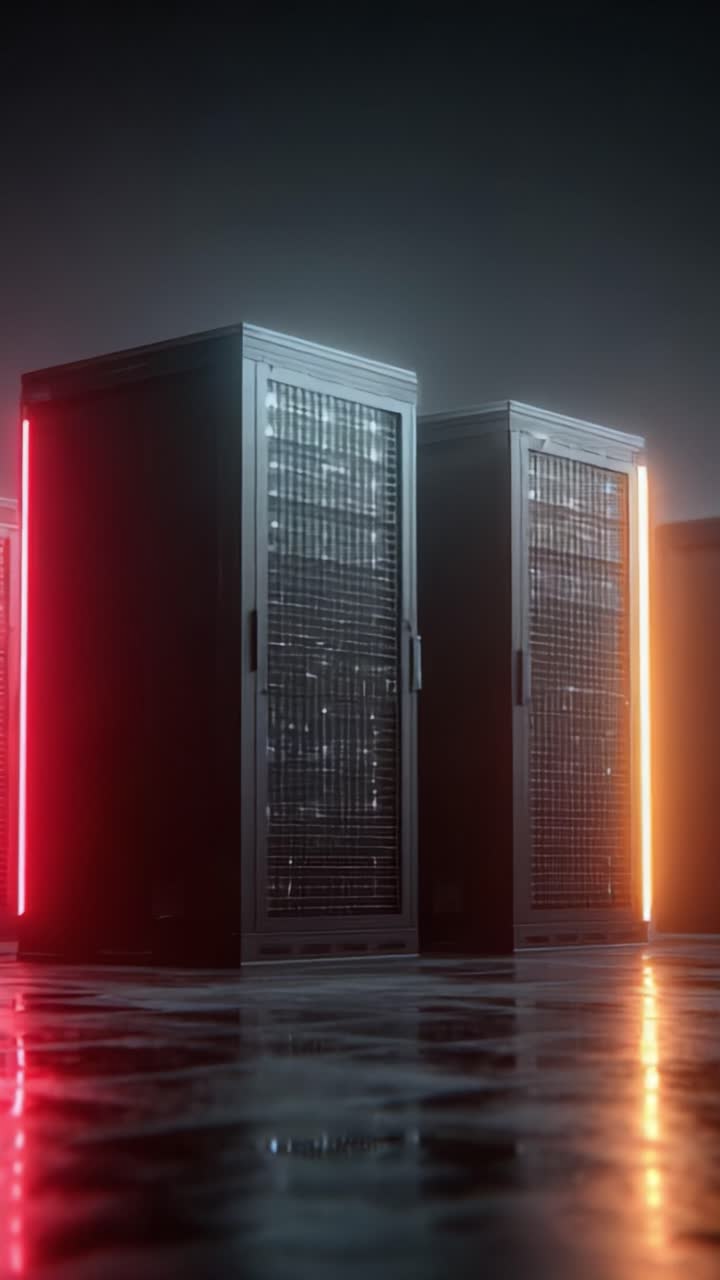 A Stunning Showcase of Modern Server Racks Under Dynamic Lighting, Highlighting Innovation in Data Storage Solutions With a Sleek and Contemporary Aesthetic