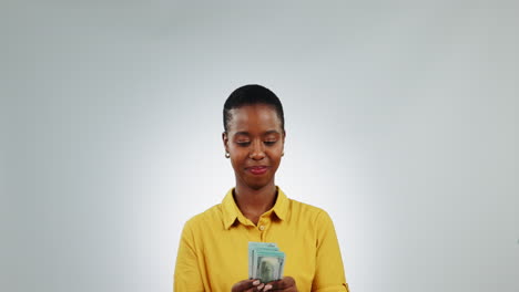 Black-woman,-money-and-winning-with-happiness