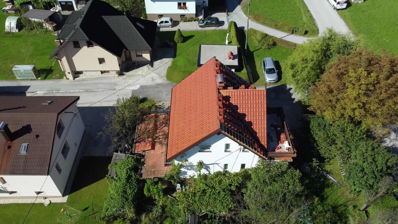 Unfinished roofing repair aerials drone view. New roof