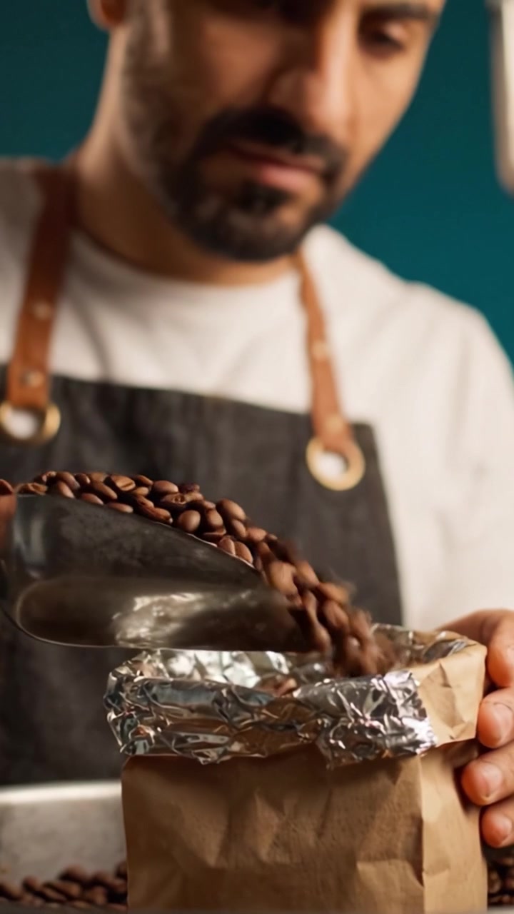 Un Appassionato di Caffè Apre con Abilità una Confezione di Chicchi di Caffè Appena Tostati in un Ambiente Cucina Accogliente e Vivace