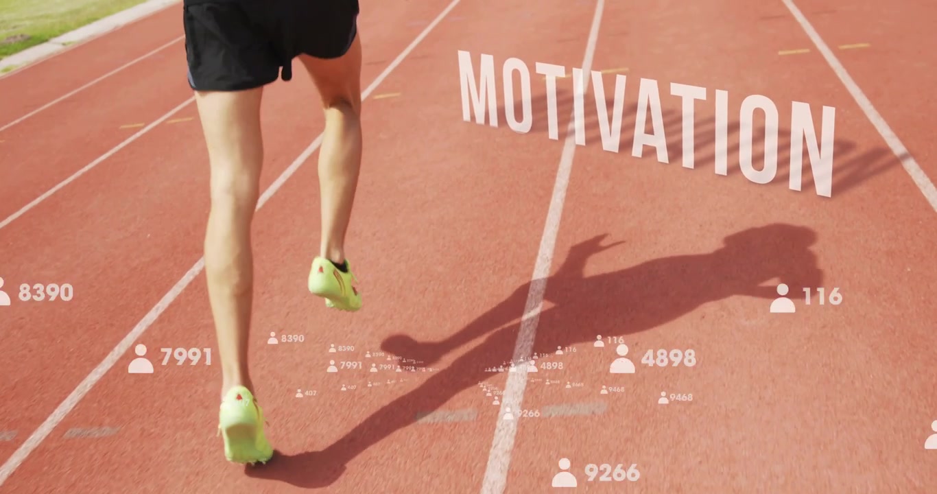 Vertical video: Runner sprinting on red track foot striking icons under MOTIVATION for fitness