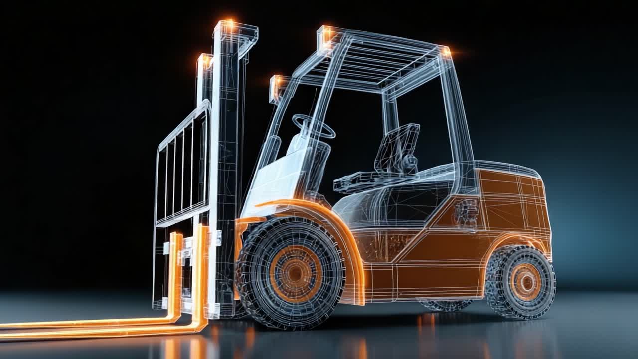 Una straordinaria rappresentazione visiva di un carrello elevatore con design wireframe, che ne evidenzia le caratteristiche e l'attrattiva futuristica attraverso un'illuminazione dinamica ed effetti di movimento.