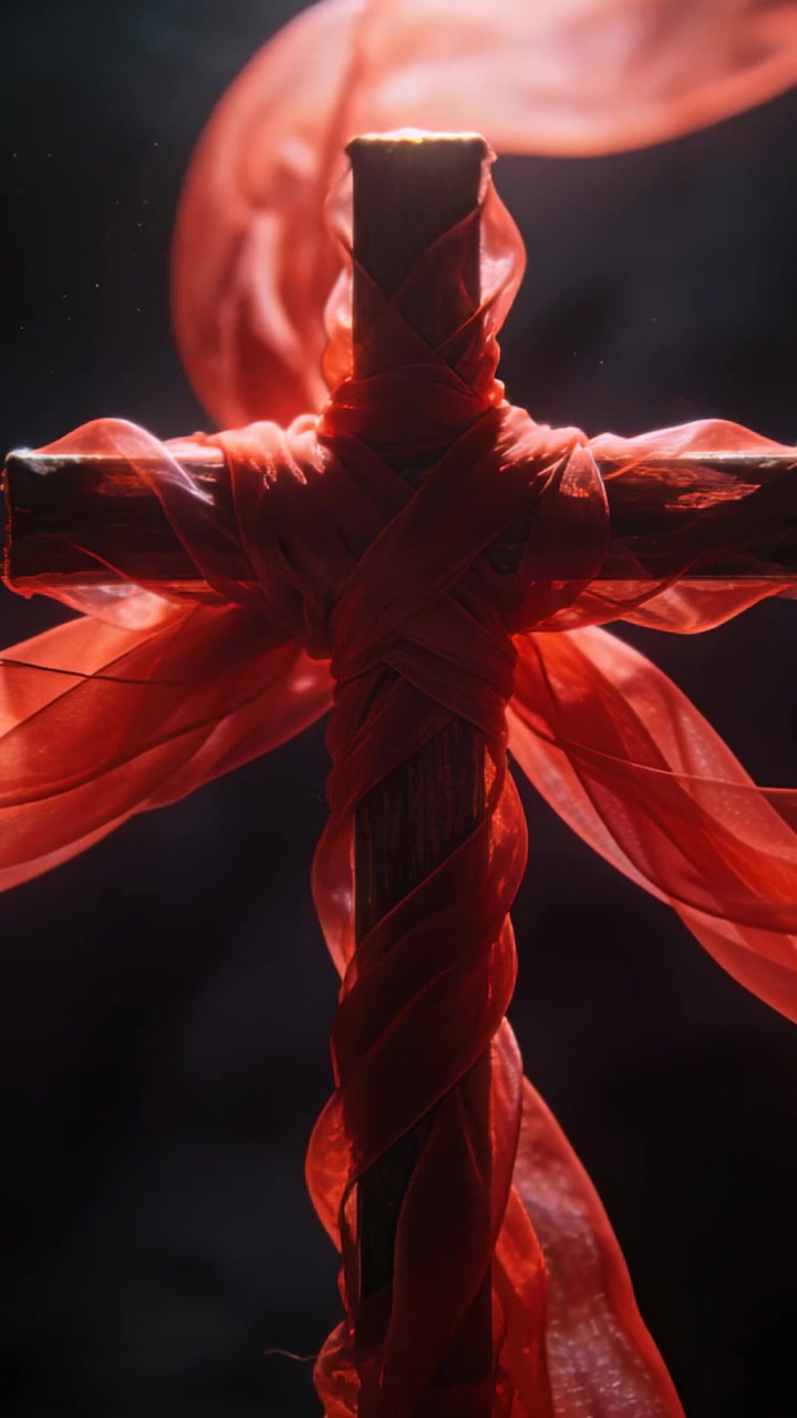 Vertical video: Lifting gentle draft sending red fabric unfurling on wooden cross in studio
