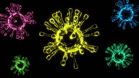 animación en bucle de virus rotativos de color neón en un fondo negro