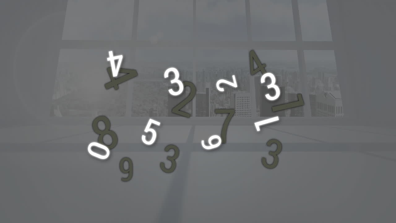 3D numerals hovering before grid-style window, glowing white and olive-green, casting soft shadows