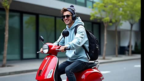 stylish young man riding red scooter with headphones